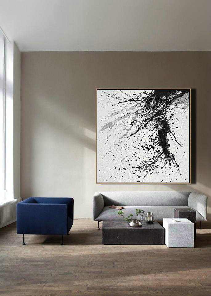 Large Abstract Painting Canvas Art,Minimalist Drip Painting On Canvas, Black, White, Grey - Abstract Art Decor,Contemporary Painting